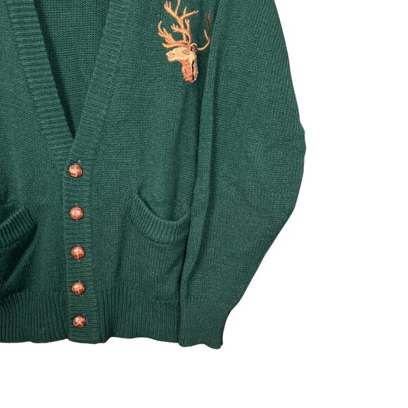 Vintage Forest Green Embroidered Cardigan 90s Woodland Deer Aesthetic Grandpa - Picture 2 of 7